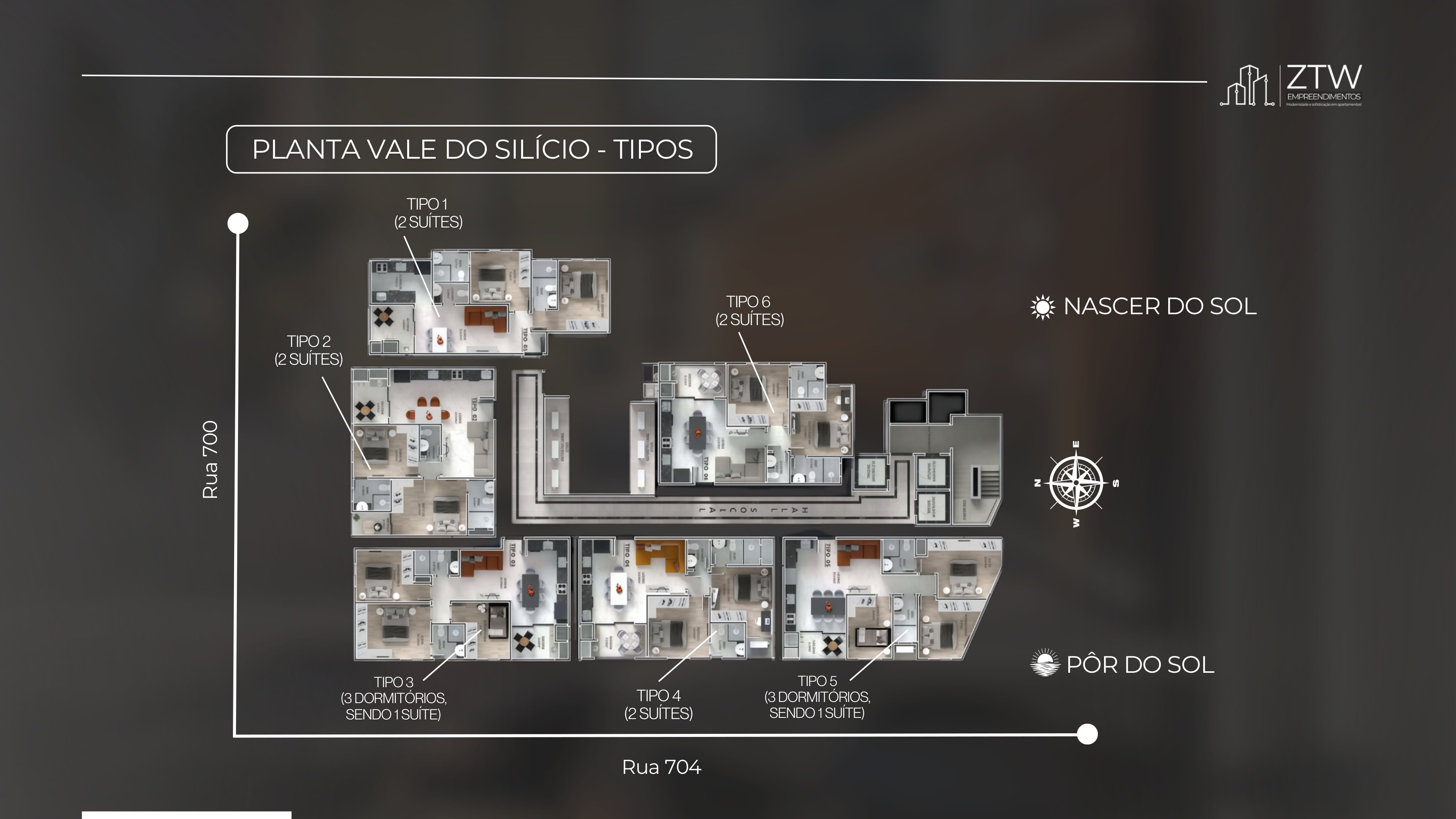 6 tipos, entre 2 suítes e 3 dormitórios, com orientação solar marcada